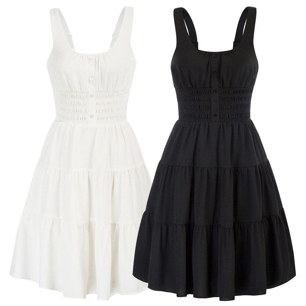 Casual Dresses Women Square Neck Short Dress Sexy Elegant Wide Straps Smocked Tiered Pure Color Pleated Summer Lady A-Line Dress - Vimost Shop