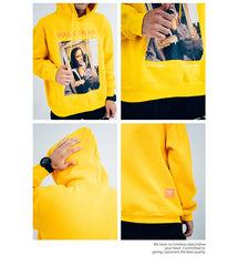 Casual Funny Mona Lisa Smoking Print Yellow Hoodies Tops Hip Hop Sweatshirts Pullover Hooded Streetwear Fleece Hoodie - Vimost Shop