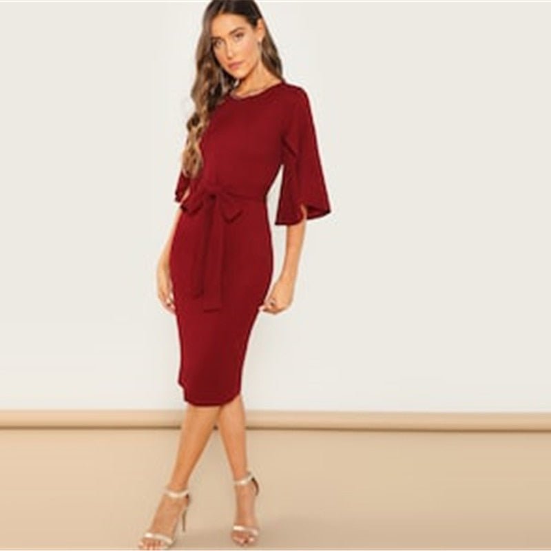Casual Round Neck Flutter Sleeve Self Belted Pencil Dress Autumn Modern Lady Casual Women Dresses - Vimost Shop