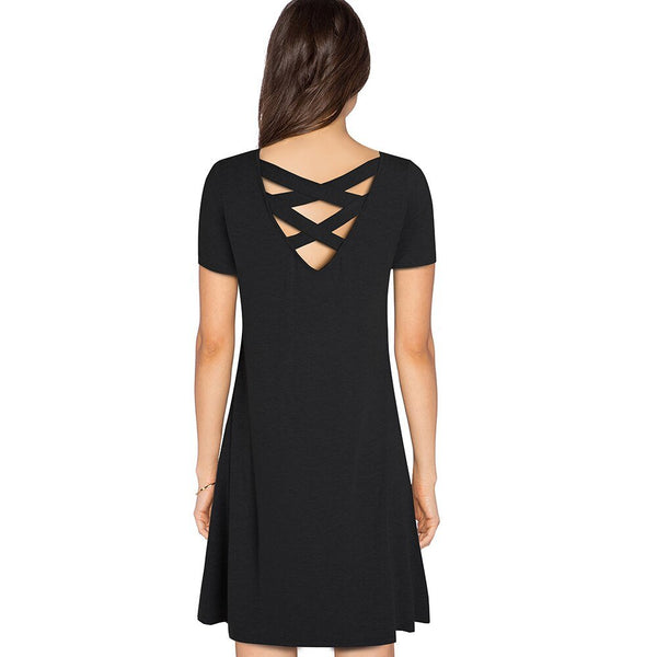 Casual Solid Color with Back Cross Shift Dresses Summer Straight Loose Women Dress - Vimost Shop