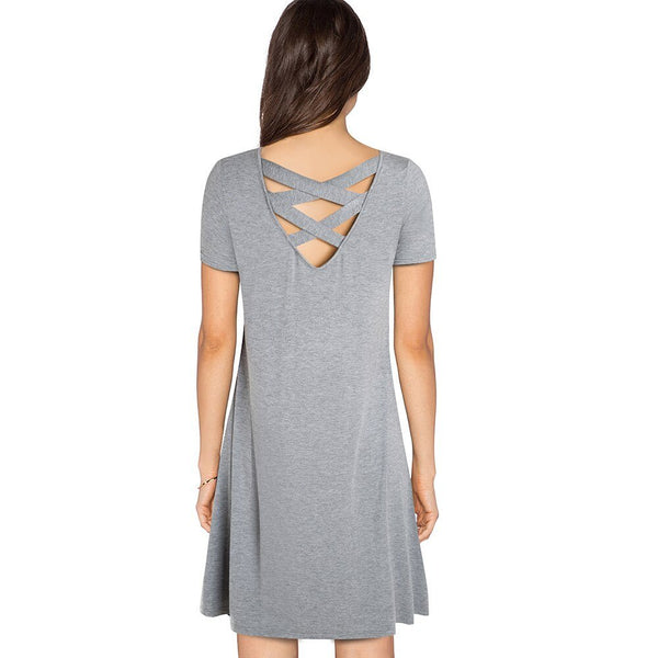 Casual Solid Color with Back Cross Shift Dresses Summer Straight Loose Women Dress - Vimost Shop