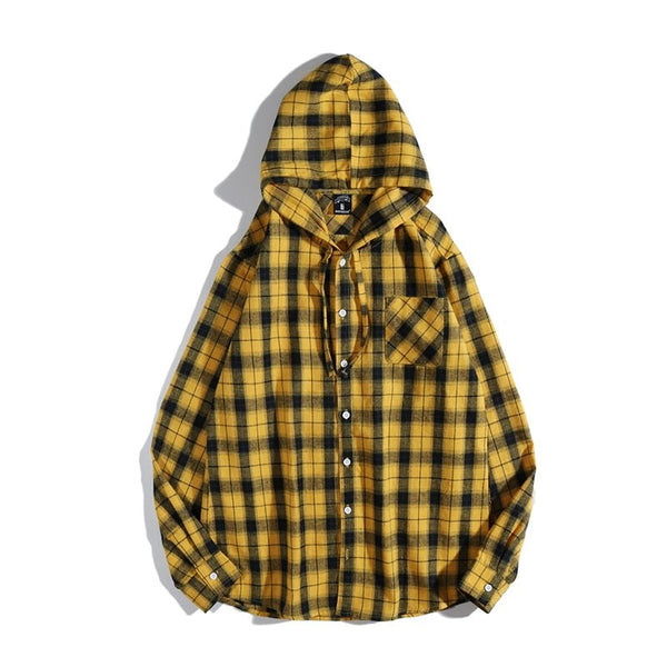 Casual Streetwear Yellow Plaid Shirt Hip Hop Men Hoodies Shirt Long Sleeve Cotton Men Clothing Camisa Masculina - Vimost Shop