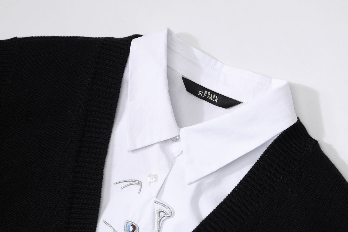 Cat Embroidery Pullover Casual 2-IN-1 Shirt Women,Spring Stylish Vintage Full Sleeve Korean Ladeis Daily Top - Vimost Shop