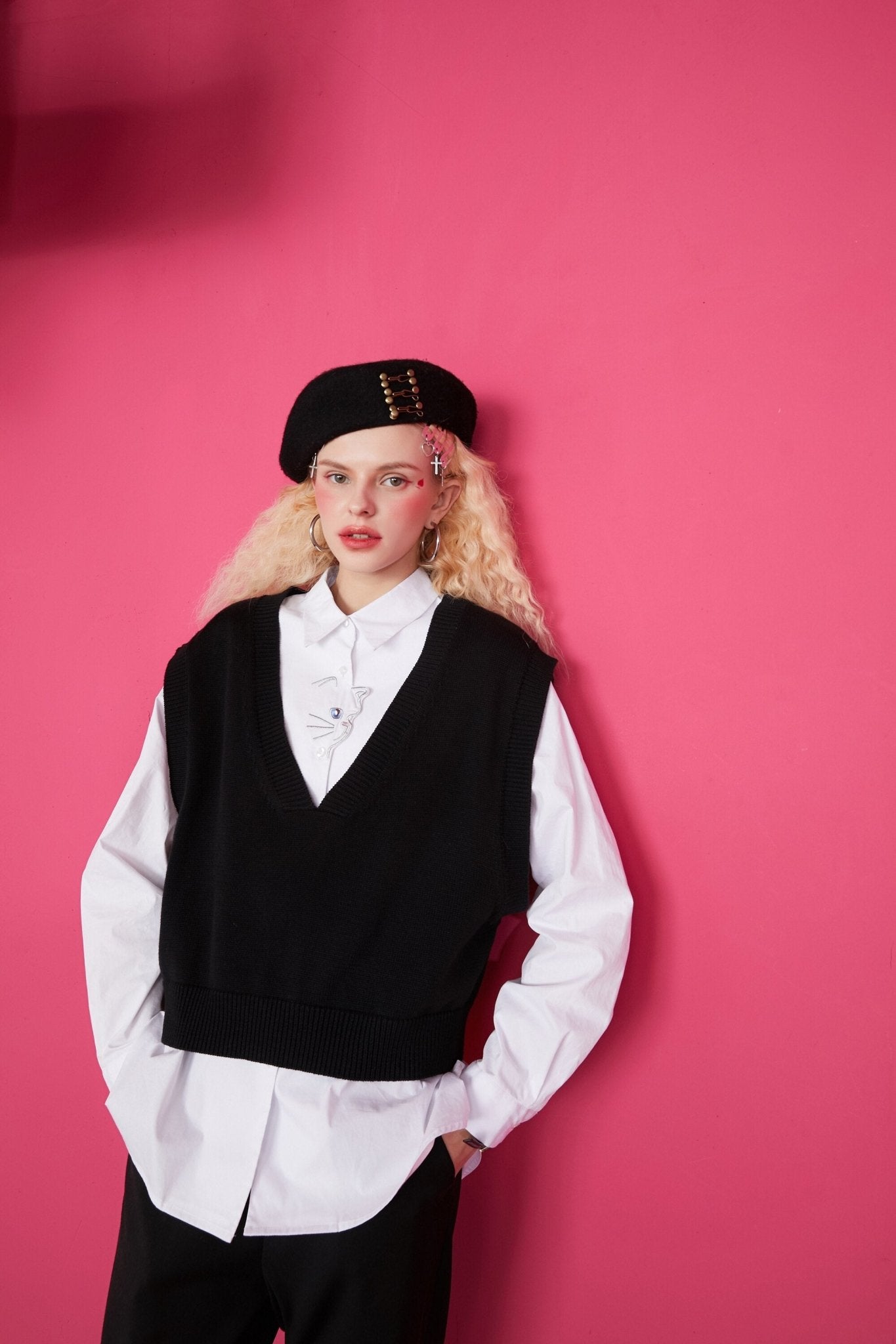 Cat Embroidery Pullover Casual 2-IN-1 Shirt Women,Spring Stylish Vintage Full Sleeve Korean Ladeis Daily Top - Vimost Shop