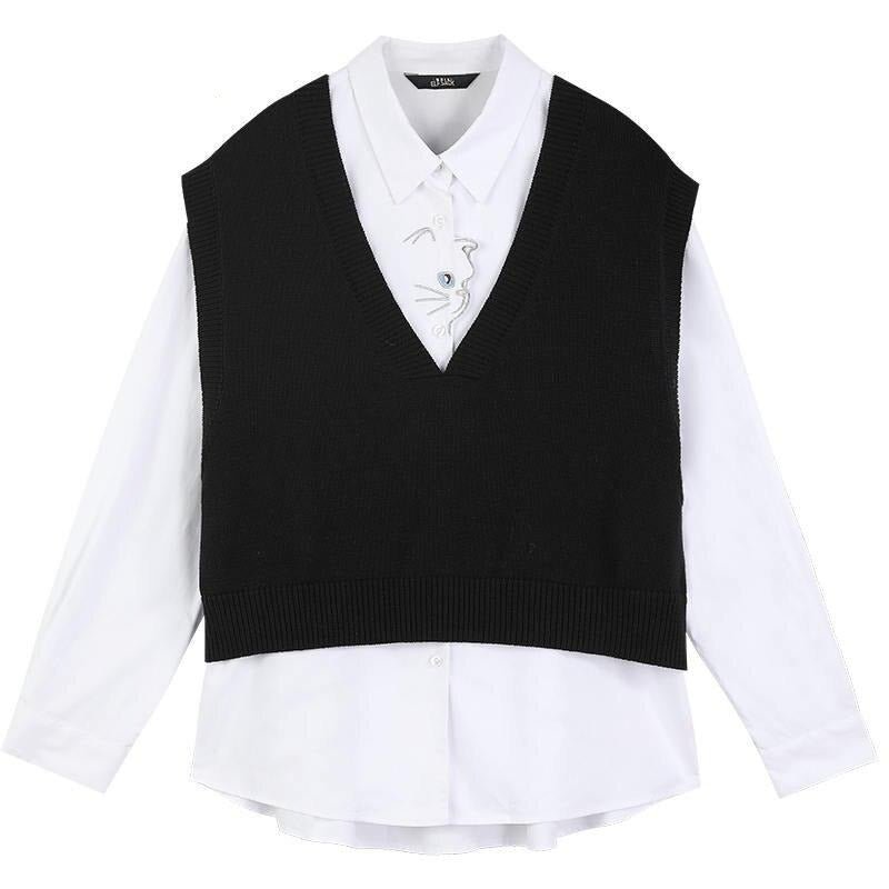 Cat Embroidery Pullover Casual 2-IN-1 Shirt Women,Spring Stylish Vintage Full Sleeve Korean Ladeis Daily Top - Vimost Shop