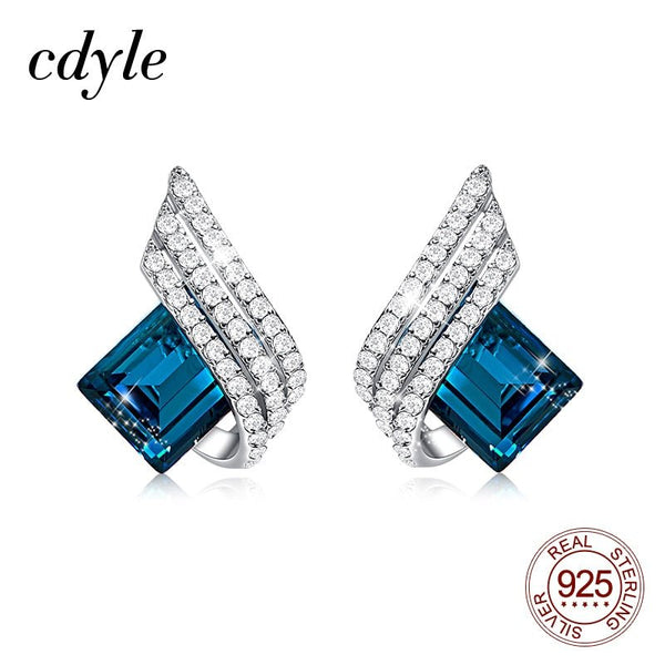 Cdyle 925 Silver Jewelry Wedding Bridal Engagement Earrings with Shiny Cubic Zircon Geometric Blue Crystal Earrings for Women - Vimost Shop