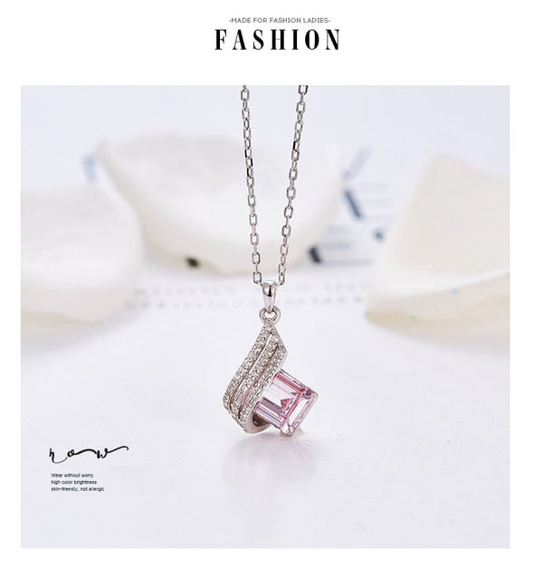 Cdyle Women Geometry Shape Pendant Necklace with Pink Zircon 925 Sterling Silver Wedding Party Ladies Jewelry Gift 5 Colors - Vimost Shop