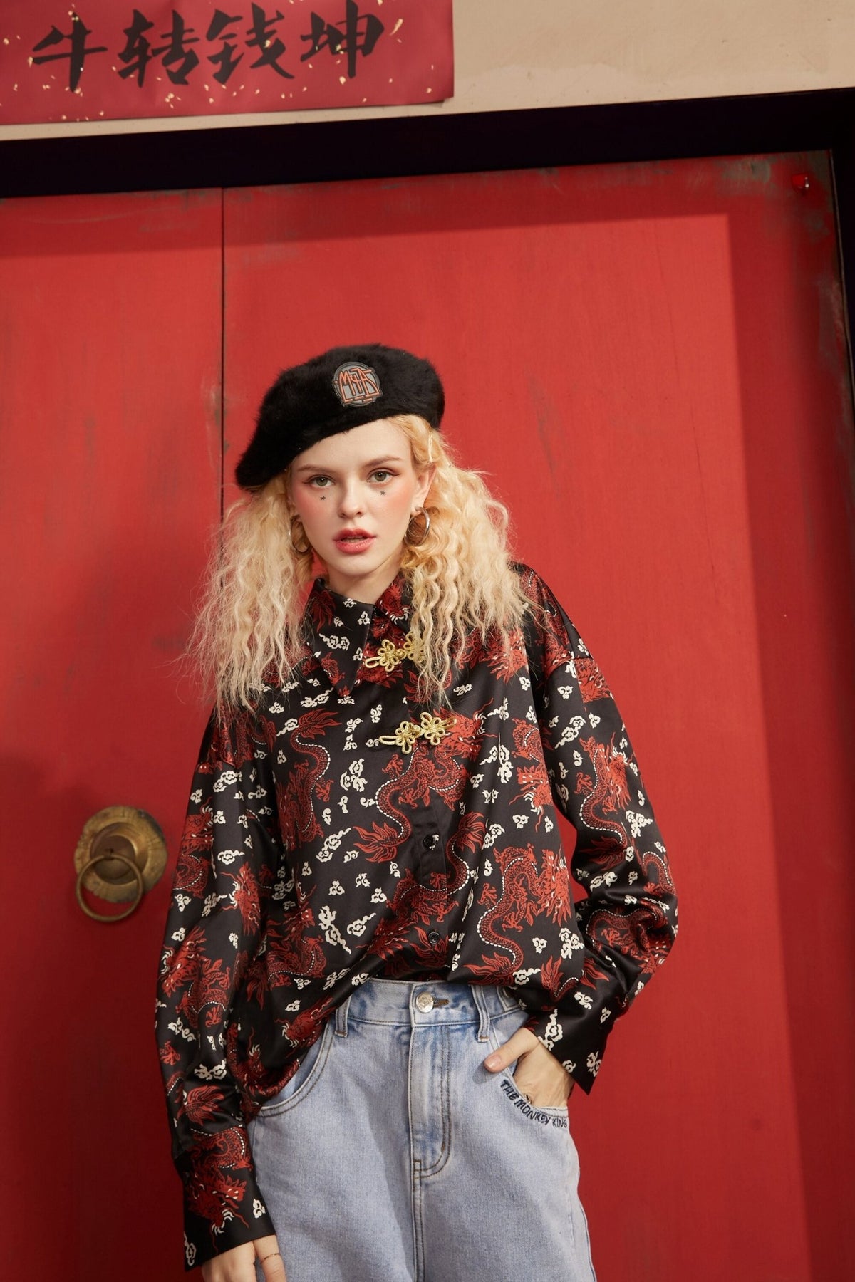 Character Print Chinese Buckle Casual Satin Shirt Women,Spring Vintage Full Sleeve,Korean Female Daily Chiffon Top - Vimost Shop