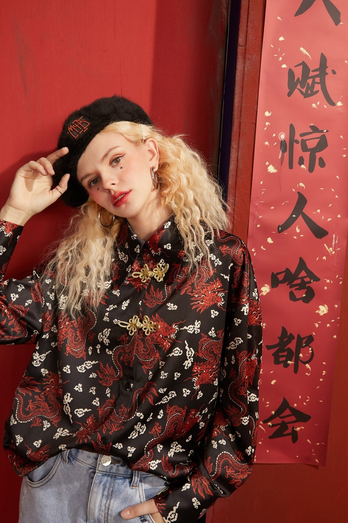 Character Print Chinese Buckle Casual Satin Shirt Women,Spring Vintage Full Sleeve,Korean Female Daily Chiffon Top - Vimost Shop