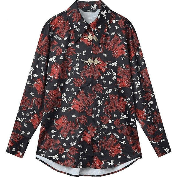 Character Print Chinese Buckle Casual Satin Shirt Women,Spring Vintage Full Sleeve,Korean Female Daily Chiffon Top - Vimost Shop