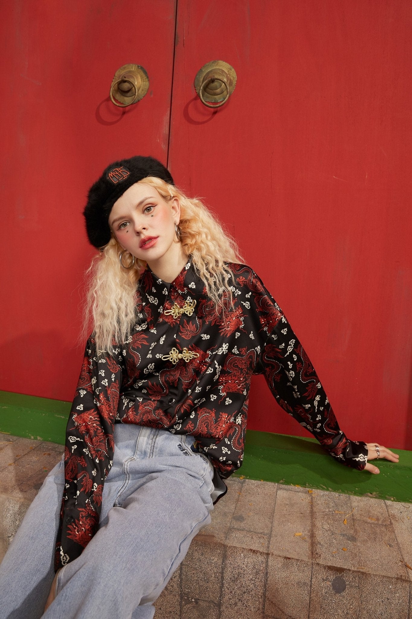 Character Print Chinese Buckle Casual Satin Shirt Women,Spring Vintage Full Sleeve,Korean Female Daily Chiffon Top - Vimost Shop