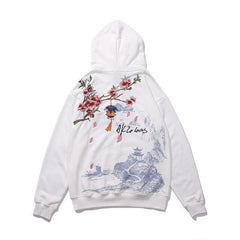 Chinese Style Flowers Embroidery Hoodie Sweatshirt Men Harajuku Hoodie Streetwear Hooded Pullover Loose Hip Hop Black