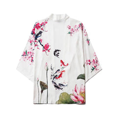 Chinese Style Lotus Carp Print Kimono Women Cardigan Yukata Japanese Streetwear Men Loose Tradition Polyester Clothing