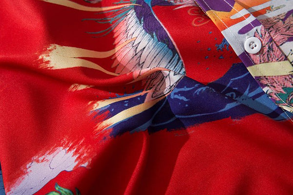 Chinese Style Phoenix Print Shirts Red Purple Color Block Patchwork Top Streetwear Mens Casual Japan Long Sleeve Shirt - Vimost Shop