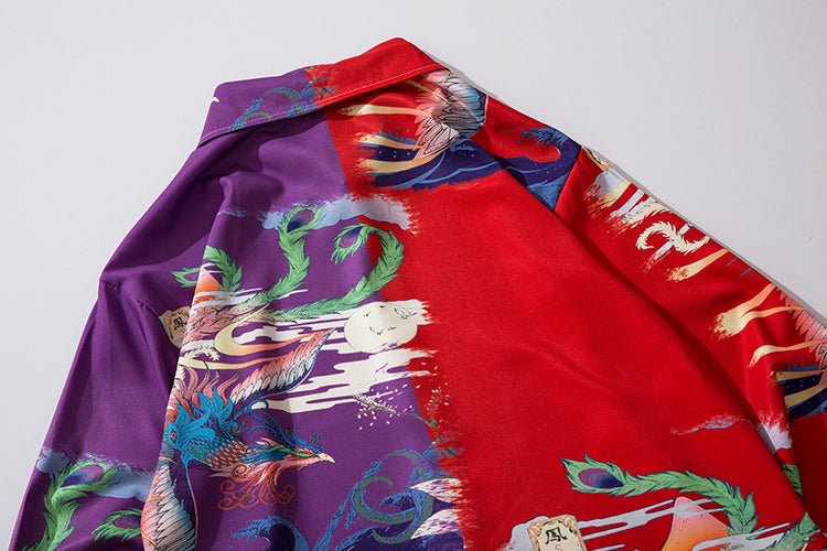 Chinese Style Phoenix Print Shirts Red Purple Color Block Patchwork Top Streetwear Mens Casual Japan Long Sleeve Shirt - Vimost Shop