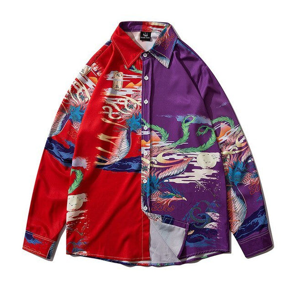 Chinese Style Phoenix Print Shirts Red Purple Color Block Patchwork Top Streetwear Mens Casual Japan Long Sleeve Shirt - Vimost Shop