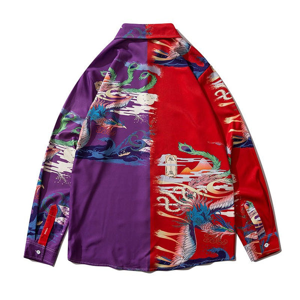 Chinese Style Phoenix Print Shirts Red Purple Color Block Patchwork Top Streetwear Mens Casual Japan Long Sleeve Shirt - Vimost Shop