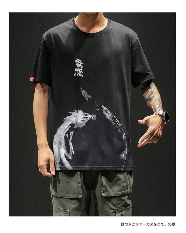 Chinese Style T shirt Men Funny Anime Print O-Neck Loose Black White Hip-hop Cotton Tshirts Male Summer Streetwear Fashion Tees - Vimost Shop