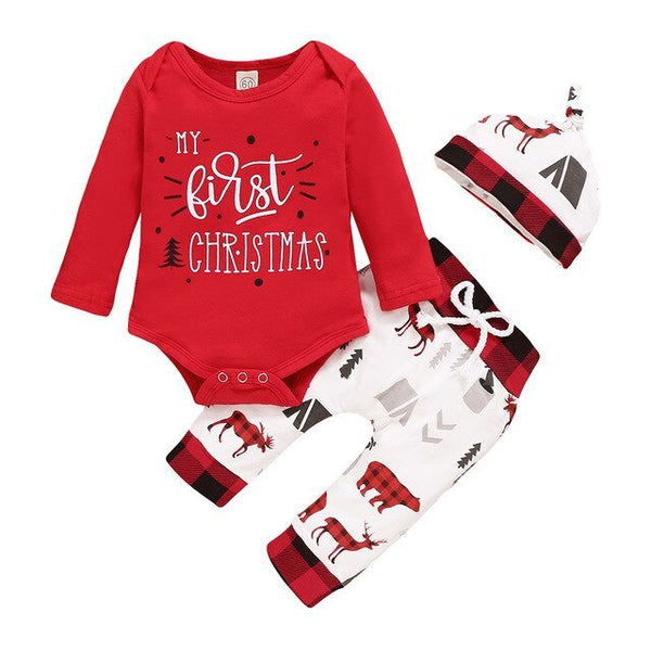 Christmas Baby Outfits 2020 Winter Cotton 3Piece Set Bodysuit+Pants+Hat Xmas Print Long Sleeve Baby Clothes for Boy Girl D30 - Vimost Shop