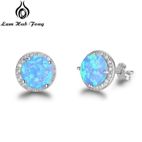 Classic 925 Sterling Silver Stud Earrings Round White Pink Blue Opal Earrings with Cubic Zirconia Jewelry Gift - Vimost Shop