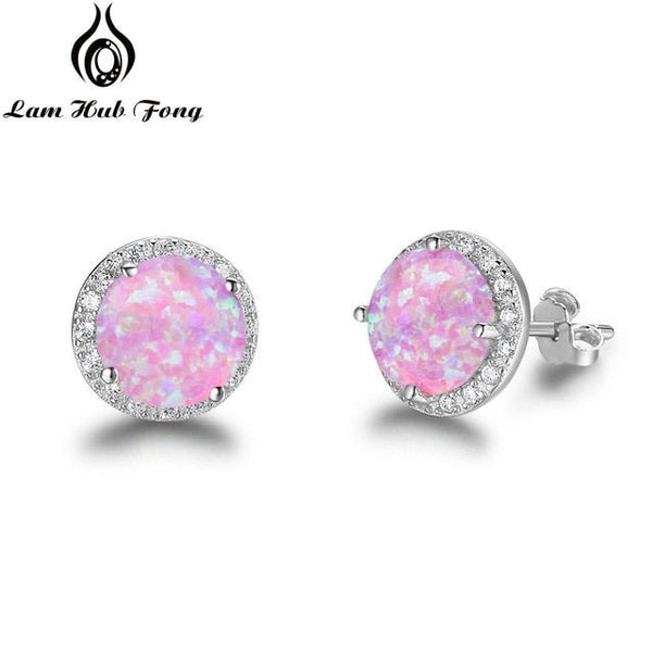 Classic 925 Sterling Silver Stud Earrings Round White Pink Blue Opal Earrings with Cubic Zirconia Jewelry Gift - Vimost Shop