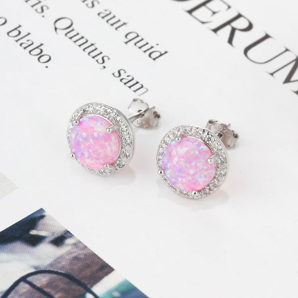 Classic 925 Sterling Silver Stud Earrings Round White Pink Blue Opal Earrings with Cubic Zirconia Jewelry Gift - Vimost Shop