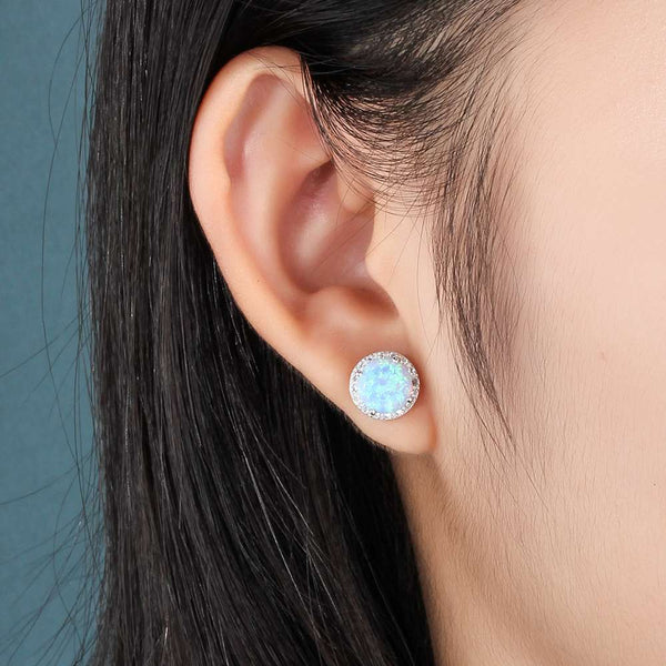 Classic 925 Sterling Silver Stud Earrings Round White Pink Blue Opal Earrings with Cubic Zirconia Jewelry Gift - Vimost Shop