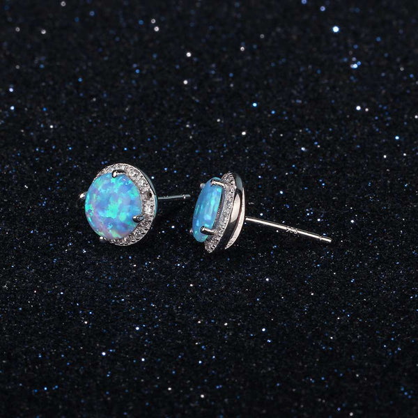 Classic 925 Sterling Silver Stud Earrings Round White Pink Blue Opal Earrings with Cubic Zirconia Jewelry Gift - Vimost Shop