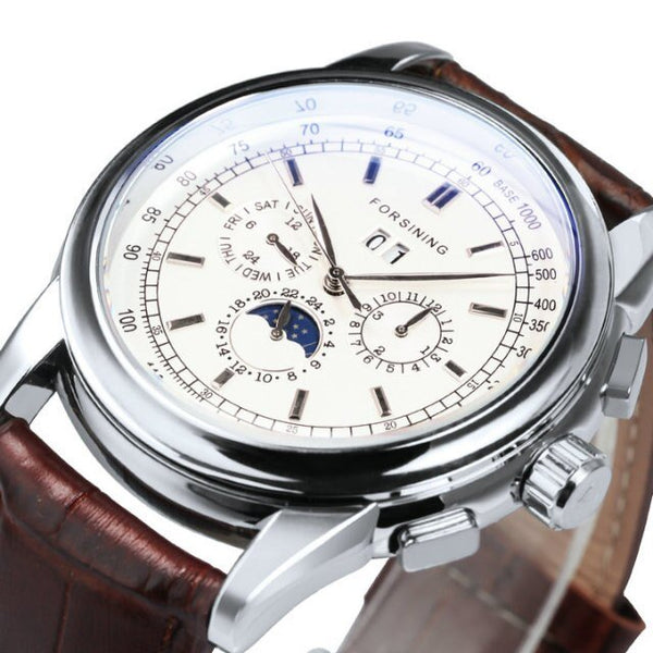 Classic Automatic Mechanical Watch for Men Casual Luxury Leather Strap Moon Phase Sub-Dial Calendar Clock - Vimost Shop
