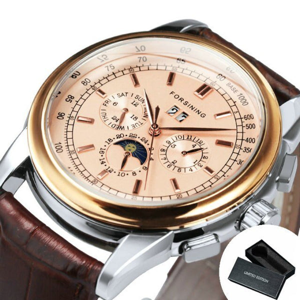 Classic Automatic Mechanical Watch for Men Casual Luxury Leather Strap Moon Phase Sub-Dial Calendar Clock - Vimost Shop