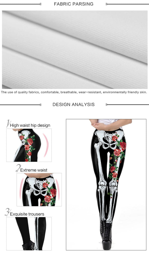 Classic Skeleton Rose Leggings For Women 3D Printing Legging Fashion Halloween Workout Pants Fitness Leggins - Vimost Shop