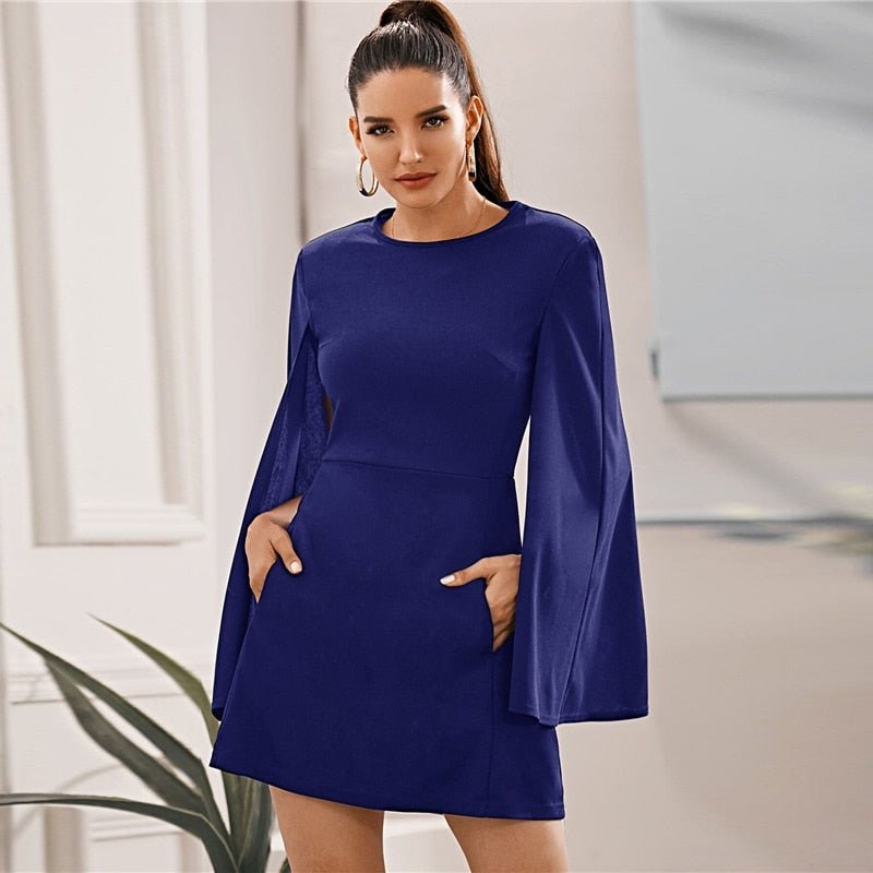 Cloak Sleeve Pocket Side Dress Without Belt Women Autumn Solid O-neck Short Fitted Elegant Highstreet Dresses - Vimost Shop
