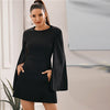 Cloak Sleeve Pocket Side Dress Without Belt Women Autumn Solid O-neck Short Fitted Elegant Highstreet Dresses - Vimost Shop