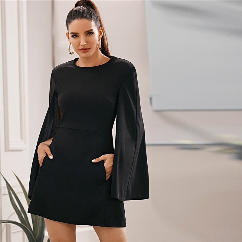 Cloak Sleeve Pocket Side Dress Without Belt Women Autumn Solid O-neck Short Fitted Elegant Highstreet Dresses - Vimost Shop