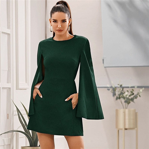 Cloak Sleeve Pocket Side Dress Without Belt Women Autumn Solid O-neck Short Fitted Elegant Highstreet Dresses - Vimost Shop