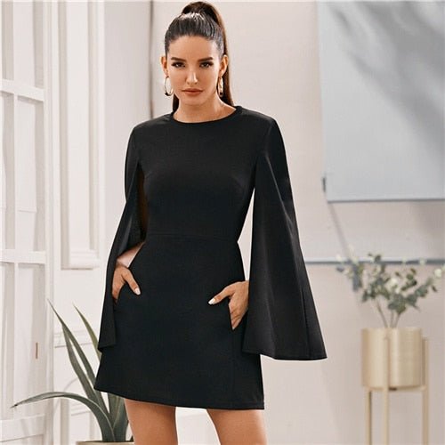 Cloak Sleeve Pocket Side Dress Without Belt Women Autumn Solid O-neck Short Fitted Elegant Highstreet Dresses - Vimost Shop
