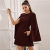 Cloak Sleeve Pocket Side Dress Without Belt Women Autumn Solid O-neck Short Fitted Elegant Highstreet Dresses - Vimost Shop