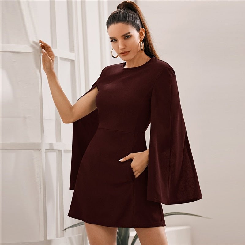 Cloak Sleeve Pocket Side Dress Without Belt Women Autumn Solid O-neck Short Fitted Elegant Highstreet Dresses - Vimost Shop