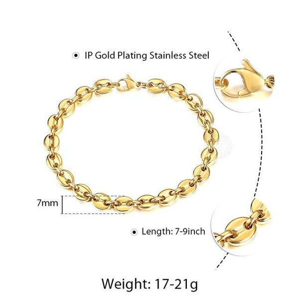 Coffee Beans Link Chain Bracelet Stainless Steel Gold Silver Color for Men Women Simple Bracelet Jewelry Gift 7/9/11mm - Vimost Shop