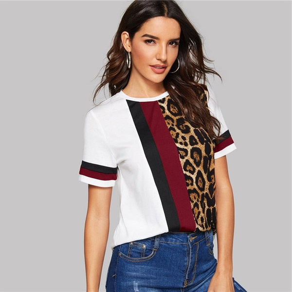 Color Block Cut-and-Sew Leopard Panel Top Short Sleeve O-Neck Casual T Shirt Women Summer Leisure Ladies Tshirt Tops - Vimost Shop