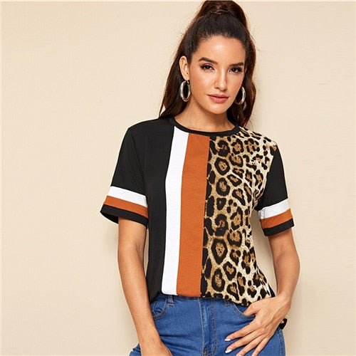 Color Block Cut-and-Sew Leopard Panel Top Short Sleeve O-Neck Casual T Shirt Women Summer Leisure Ladies Tshirt Tops - Vimost Shop