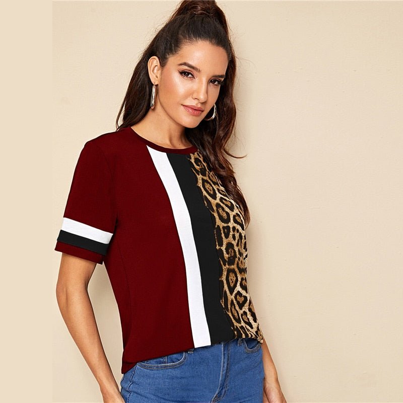 Color Block Cut-and-Sew Leopard Panel Top Short Sleeve O-Neck Casual T Shirt Women Summer Leisure Ladies Tshirt Tops - Vimost Shop