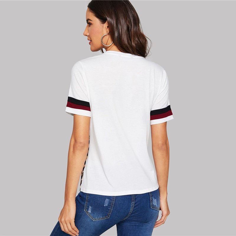 Color Block Cut-and-Sew Leopard Panel Top Short Sleeve O-Neck Casual T Shirt Women Summer Leisure Ladies Tshirt Tops - Vimost Shop