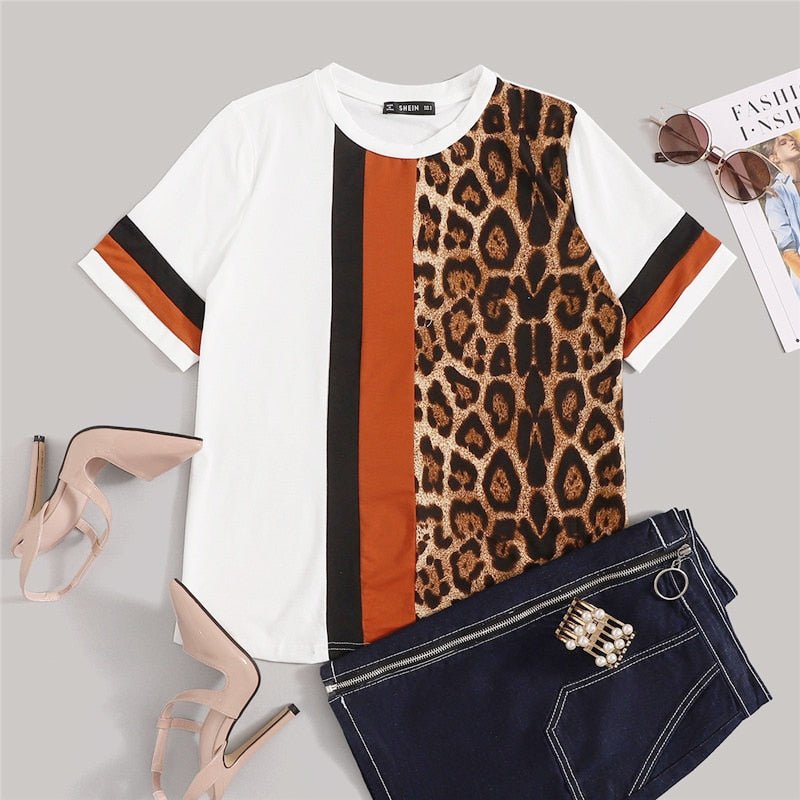 Color Block Cut-and-Sew Leopard Panel Top Short Sleeve O-Neck Casual T Shirt Women Summer Leisure Ladies Tshirt Tops - Vimost Shop