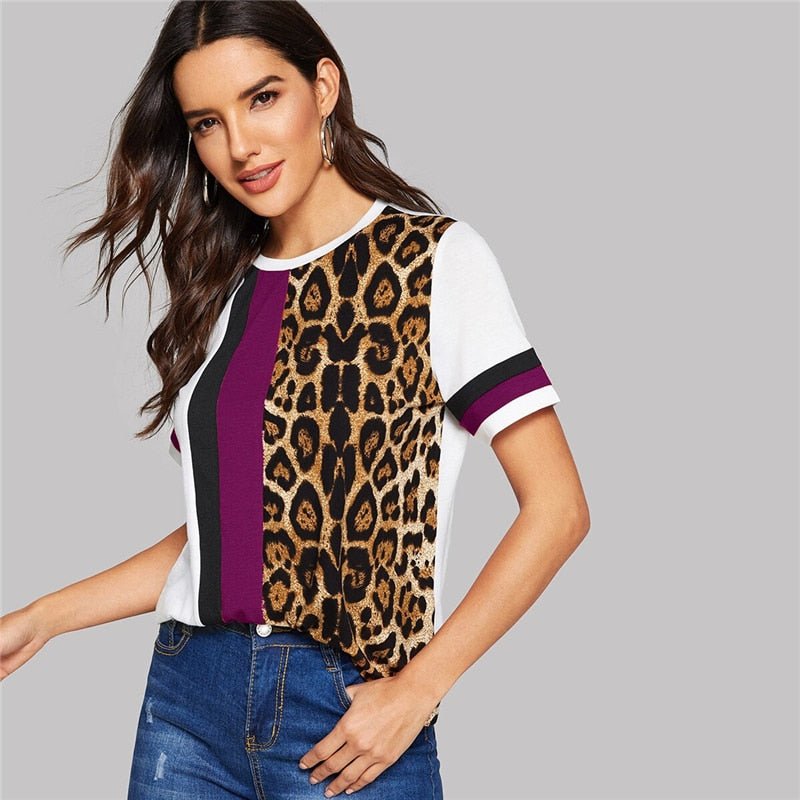 Color Block Cut-and-Sew Leopard Panel Top Short Sleeve O-Neck Casual T Shirt Women Summer Leisure Ladies Tshirt Tops - Vimost Shop