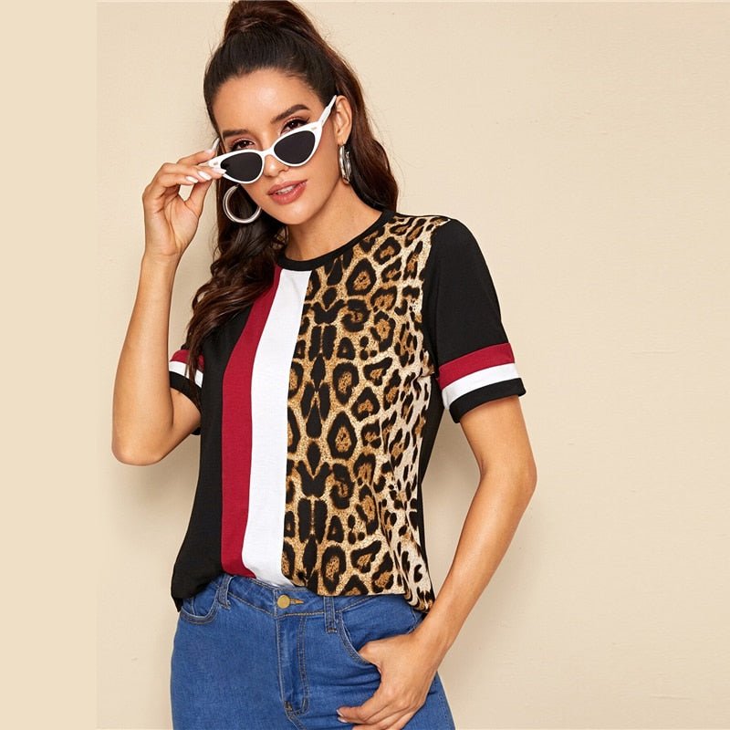 Color Block Cut-and-Sew Leopard Panel Top Short Sleeve O-Neck Casual T Shirt Women Summer Leisure Ladies Tshirt Tops - Vimost Shop