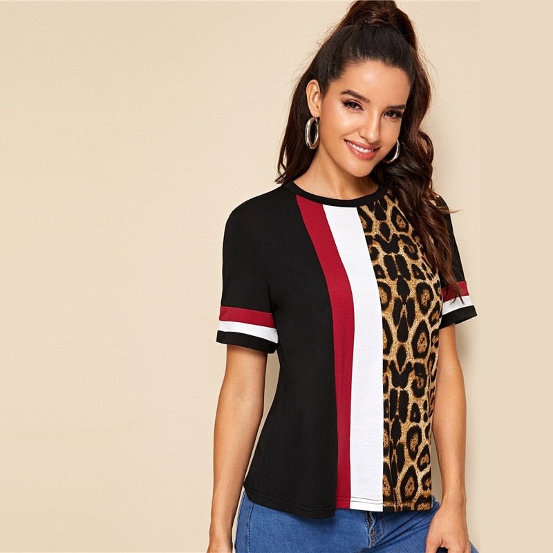 Color Block Cut-and-Sew Leopard Panel Top Short Sleeve O-Neck Casual T Shirt Women Summer Leisure Ladies Tshirt Tops - Vimost Shop