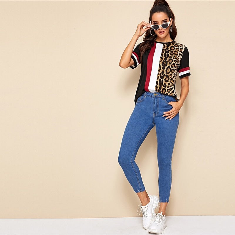 Color Block Cut-and-Sew Leopard Panel Top Short Sleeve O-Neck Casual T Shirt Women Summer Leisure Ladies Tshirt Tops - Vimost Shop