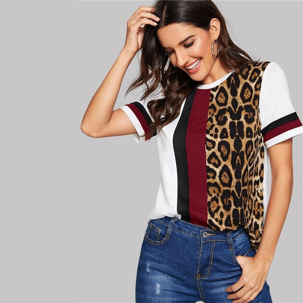 Color Block Cut-and-Sew Leopard Panel Top Short Sleeve O-Neck Casual T Shirt Women Summer Leisure Ladies Tshirt Tops - Vimost Shop