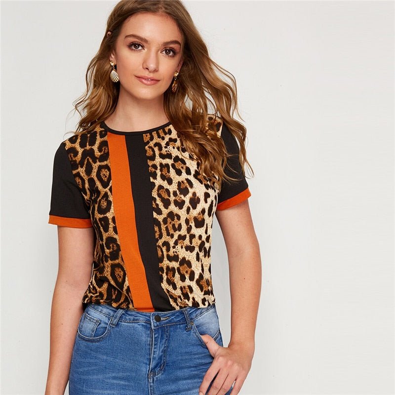 Color Block Cut-and-Sew Leopard Panel Top Short Sleeve O-Neck Casual T Shirt Women Summer Leisure Ladies Tshirt Tops - Vimost Shop